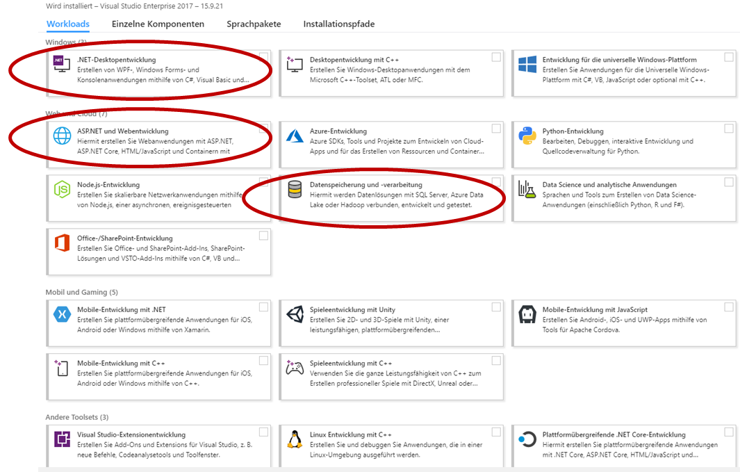 Konfiguration der Workloads in Visual Studio